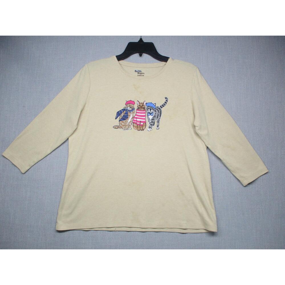Kim Rogers Beige Graphic Casual Soft Cat Long Sleeve‎ T-Shirt Womens Size P/M